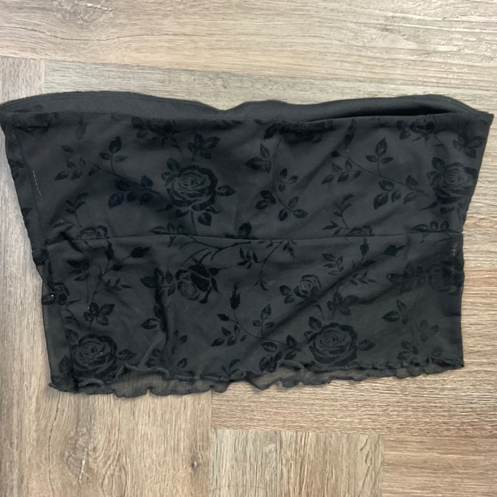 Forever 21 Rose Print Floral Mesh Tube Top Womens Large Black Goth Sheer Y2K - Picture 2 of 7